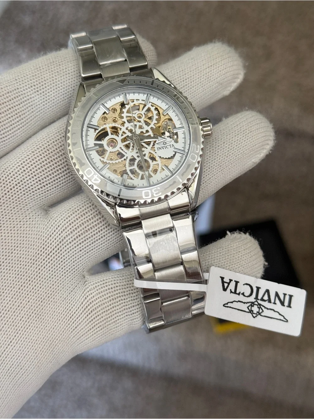 Invicta Silver Skeleton Mechanical Objet D Art Men Watch - Silver/Gold Dial